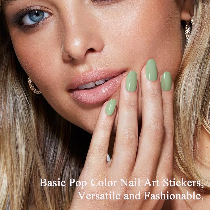 Green Nail Strips, 22 Pcs Long Lasting Gel Nail Wraps Stickers, No Lamp Needed, Easy Apply and Remove with Tools