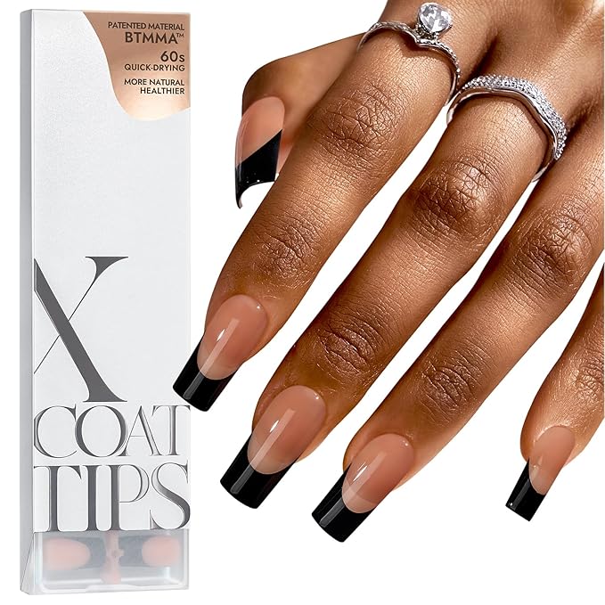 BTArtboxnails XCOATTIPS French Tip Nails - Long Press on Nails, Square Nail Tips Black, French Tip Press on Nails, Soft Gel False Nail Tips, Soak Off Acrylic Fake Nails