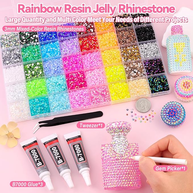 40000Pcs Jelly Rhinestones for Bedazzling Kit, Multi-Color 3mm Resin Flatback Gems with 3Pcs 10ml B7000 Jewelry Glue, Bedazzled Crystal for DIY Crafts Clothing Nail Art Makeup