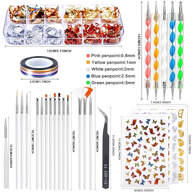 Nail Brushes Kit - Nail Art Brushes, Dotting Tools, Holographic Stickers, Foil Tape, Rhinestones & Tweezers