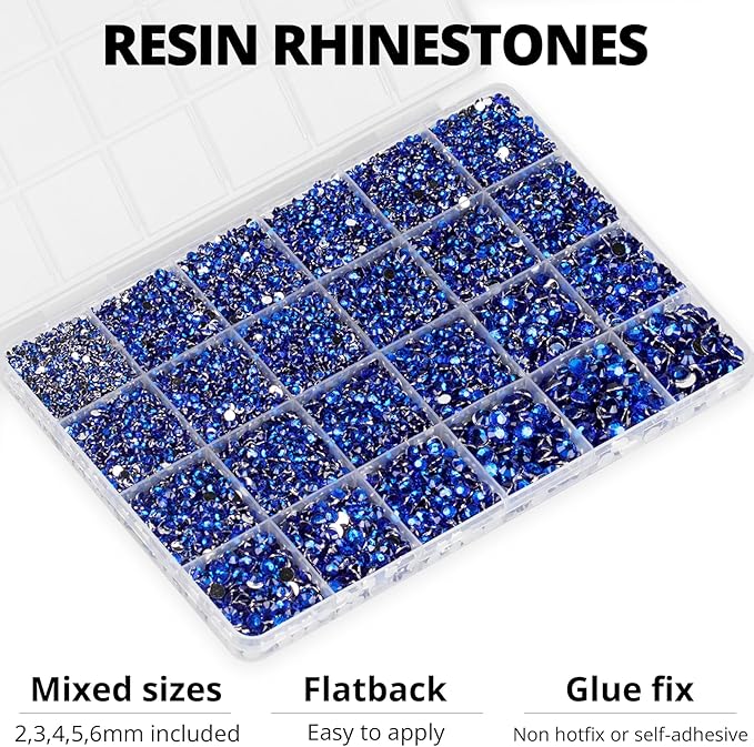 20100Pcs Blue Resin Rhinestones 2,3,4,5,6mm Flatback for Bedazzling Crafting Crafts Clothing Clothes Fabric Shoes Nail Art, Royal Dark Navy Blue Flat Back Gems Diamonds Jewels Crystals Gemstones