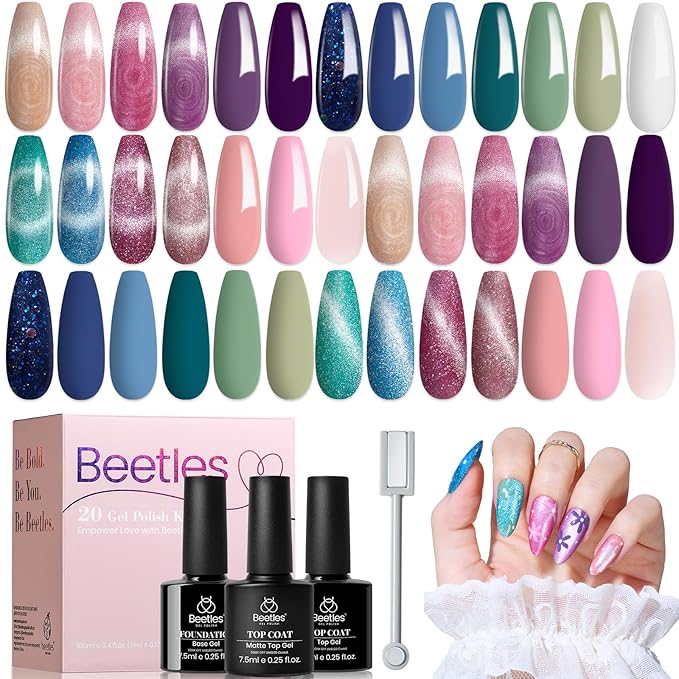 beetles Cat Eye Gel Polish Set - Floral Verses 20 Colors Gel Polish Kit, Blue Pink Purple Green Shimmer Nail Colors, with Magnet Stick Glossy & Matte Gel Top Base Coat UV Gifts for Women