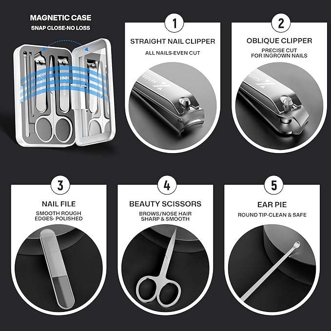 Nail Clippers Set Fingernail and Toenail Clipper Cutters, Manicure Pedicure Kit Grooming Kits, 5pcs Core Nail Care Tools with Portable Travel Case with Mirror Present for Man Woman