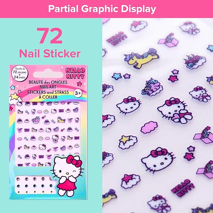 Hello Kitty Nail Stickers – 1 Sheet with 72 Stickers + 24 Rhinestones – Self-Adhesive Nail Art for Girls – Fun Activity & Gift Idea for Birthdays, Crafts, Party Bags and Playdates