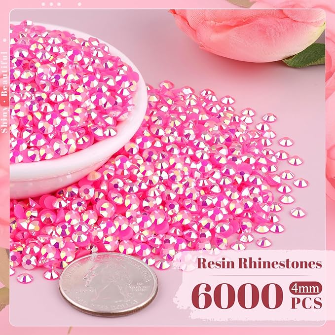 6000PCS 4mm Resin Jelly Rhinestones in Bulk (Hot Pink AB), Bedazzling Flatback Crystals Rhinestones for Crafting DIY Nail Decoration, Gems Diomand Charms for Tumbler Shoes Clothing Fabric