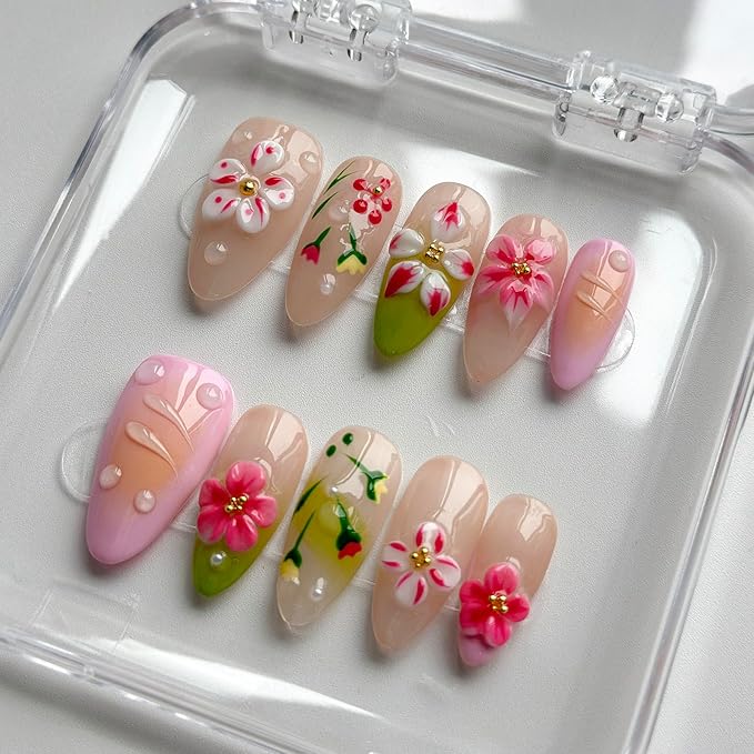 Luxury Press on Nails Medium Almond Handmade 3D Unique Reusable ABS Material Fake Nails French Tip False Nails with Designs Pink Flower Water Ripple Glossy Glue on Nail Thick Acrylic Nail(S)