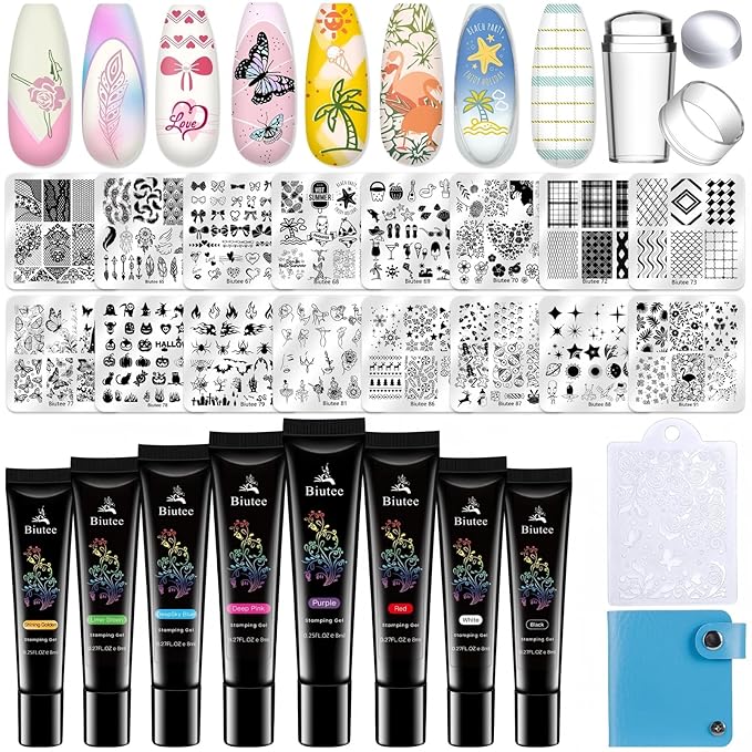 Biutee Nail Stamping Kit 12Pcs Nail Art Stamp Plates 8 Colors Stamping Polish Gel Silicone Stamper Scraper with Storage Bag, Nail Stamping Plate Lace Star Rose Plaid TemplateHoliday Design Gift