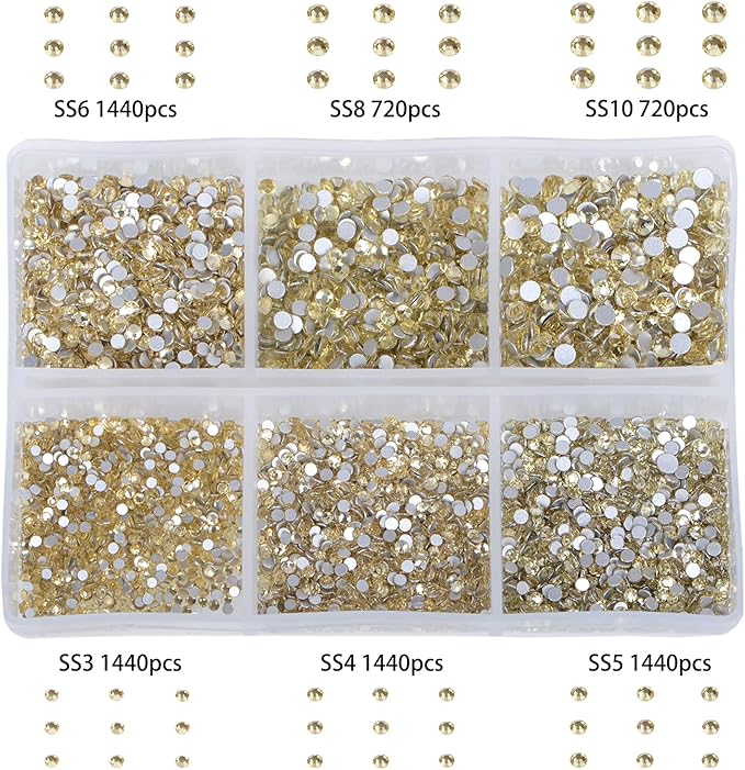 Bymitel 7200 Pieces 6 Mixed Sizes Glue Fix on Glass Rhinestones Round Crystal Gems Flatback for DIY Jewelry Making with one Picking Pen (6-Sizes 7200PCS, Jonquil)
