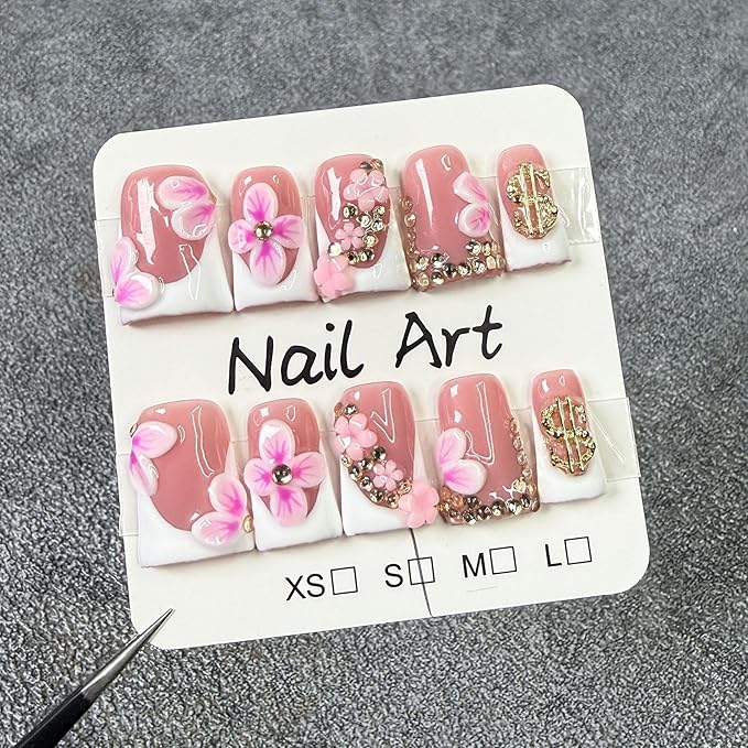 French Tip Press on Nails Handmade Short Duck 3D Flower Thick Acrylic Nails White False Nails with Pink Floral Rhinestones Designs Elegant Glossy Fake Nail Sturdy Wedding Art Press on Nail 10Pcs(S)