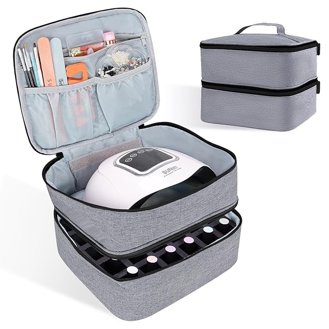 Nail Polish Organizer Holds 30 Bottles (15ml - 0.5 fl.oz) Double-layer Gel Nail Polish Kit Carrying Case, Nail Holder for Nail Lamp, Portable Nail Organizer and Storage for Nail Supplies (Gray)