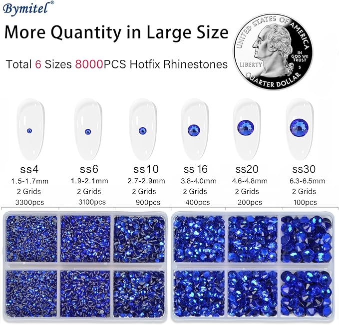 Bymitel Hotfix Crystal Rhinestones Round Gems for Crafts,Mixed 6 Sizes with Wax Pencil Kit, Sapphire 1.6-6.3mm SS4-SS30/8000pcs