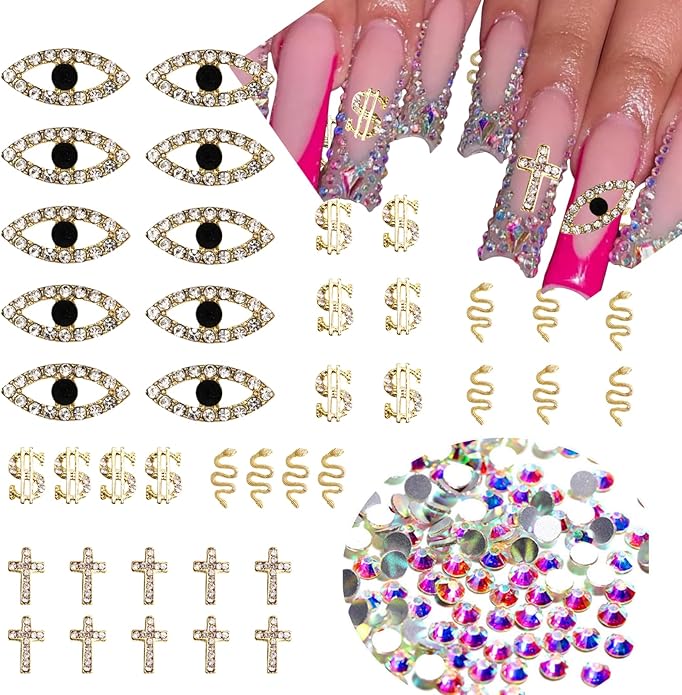 Gold Nail Charms Spooky Chunky Charms Kit with Evil Eye Cross Snake Dollar Sign Press on Nails Rhinestone for Nail Art Supplies Craft