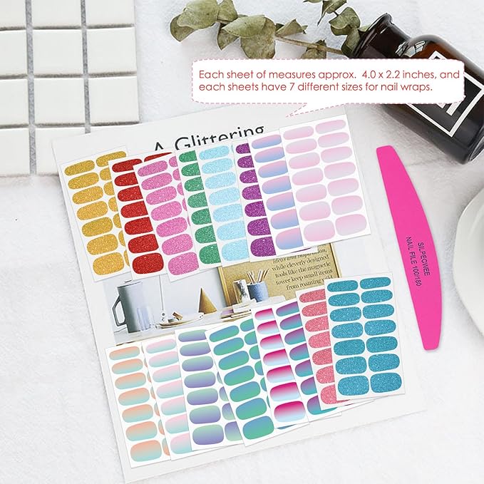 SILPECWEE 16 Sheets Bright Color Nail Polish Stickers Full Nail Wraps Glitter Mermaid Color Gel Strips Self Adhesive Nail Polish Strips Fingernail Sticker Nails for Women with File