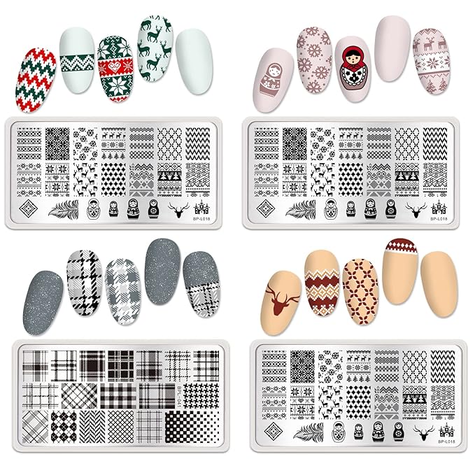 Born Pretty Nail Stamping Plates Set Plaid Flowers Leaves Lace Nail Art Image Plates Spring into Winter Stamp Templates Kit Image Manicuring DIY Printing Tools 8PCS