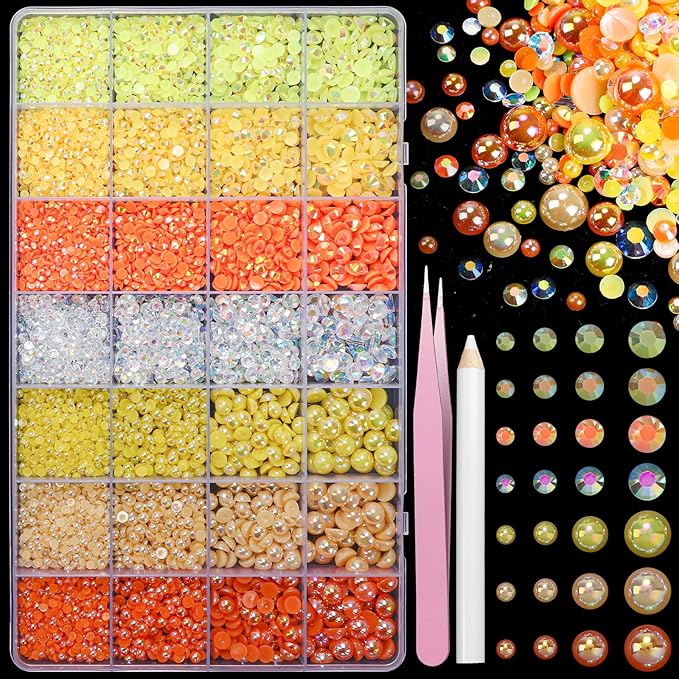 22000 Pcs Orange Flatback Pearls and Rhinestones Bedazzling Kit, Resin Rhinestones Gems for Crafting, Mixed Size Half Pearls Gems for Nails Face Eyes Makeup Bottles Shoes DIY Crafts