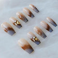 Ombre Press On Nails, Long Ballerina Style, Nude to Gray with Gold Accent, Handmade False Nail 10 Pieces (Large,LB)