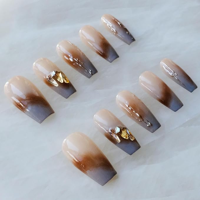 Ombre Press On Nails, Long Ballerina Style, Nude to Gray with Gold Accent, Handmade False Nail 10 Pieces (XS,LB)