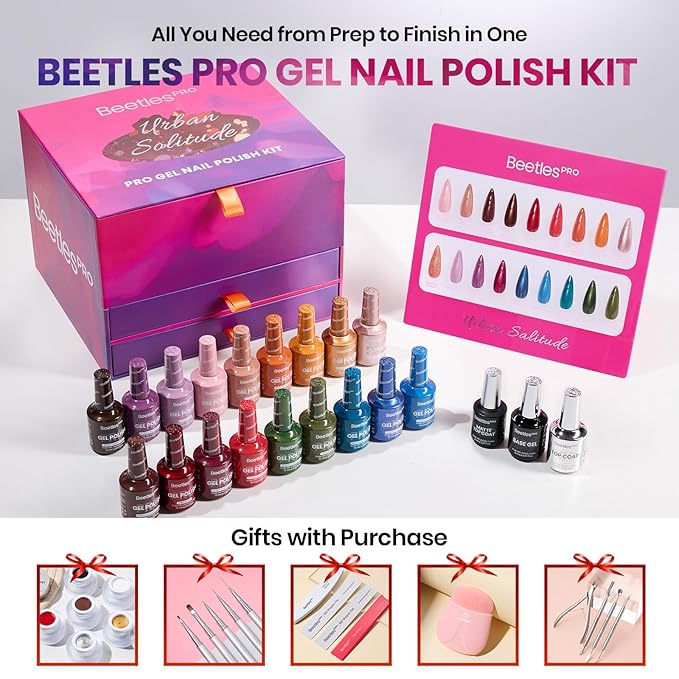 Beetles PRO Gel Polish Kit – Urban Solitude Collection, 18 Colors 15ml Valentines Salon Polish Set with Base Coat, Glossy & Matte Top Coats, 6 Painting Gel For Nails & Tools, UV Nail Lamp Cure Needed