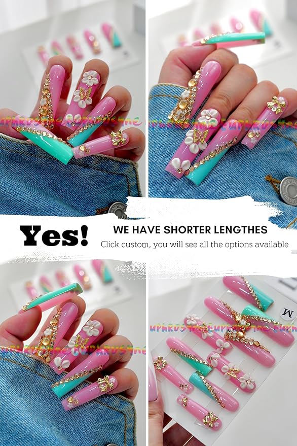 Coffin Press On Nails – 10pcs Long Pink Fake Nails with Rhinestones, 3D Flowers & Butterfly Charms | Glossy Stick On Acrylic Nails for Women Party or Daily Wear