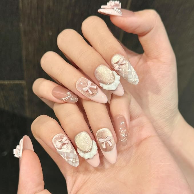 3D handmade nails press on false nails,Thick Strong Waterprooft almond pink white,pearl bow Stripes french elegant cute acrylic fake nails designed kit,10 Nails Size L #405