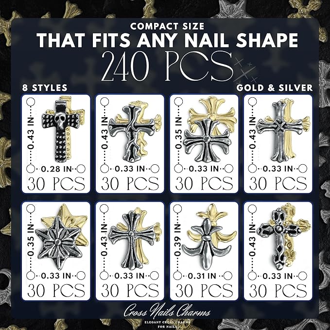 Silver and Gold Cross Nail Charms – 240 Pcs Cross Charms for Nails Crafted from Acrylic & Alloy, Long-Lasting Metallic Shine – Easy-to-Use Nail Decorations for Home, Salon & Holiday Manicure Ideas