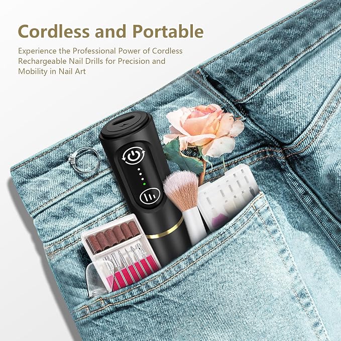 Cordless Nail Drill Electric Rechargeable File Kit, Professional Efile Acrylic Gel Nail Polish Remover Pedicure Manicure Machine Portable Set with 11 Bits 56 Sanding Bands (Black)