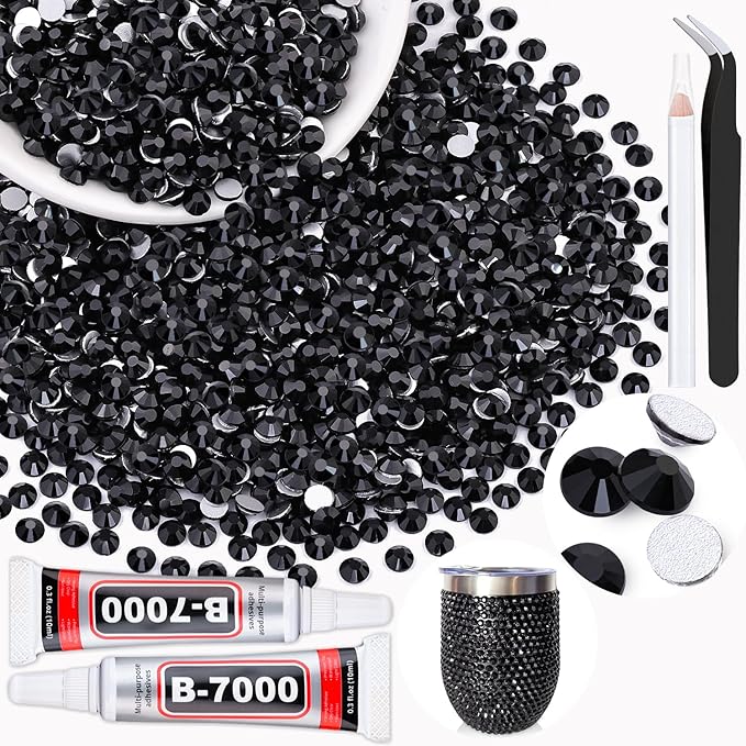 2000PCS SS20/5mm Crystal Rhinestones (Jet Black) with 2Pcs 10ml B7000 Jewelry Glue, Bedazzling Flatback Glass Rhinestones for Crafting, Gems Diomand Charms for Tumbler Shoes Clothing Mugs Nail Art