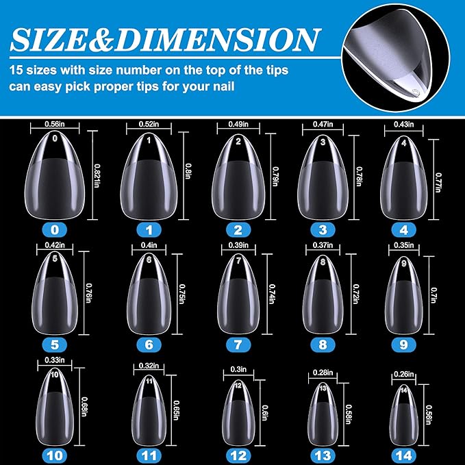 Short Almond Nail Tips, 360Pcs Soft Gel Full Cover Nails for Soak off Nail Extensions, Half Matte Clear False Gel Nail Tips for Nail Salons and DIY Nail Art, 15 Sizes