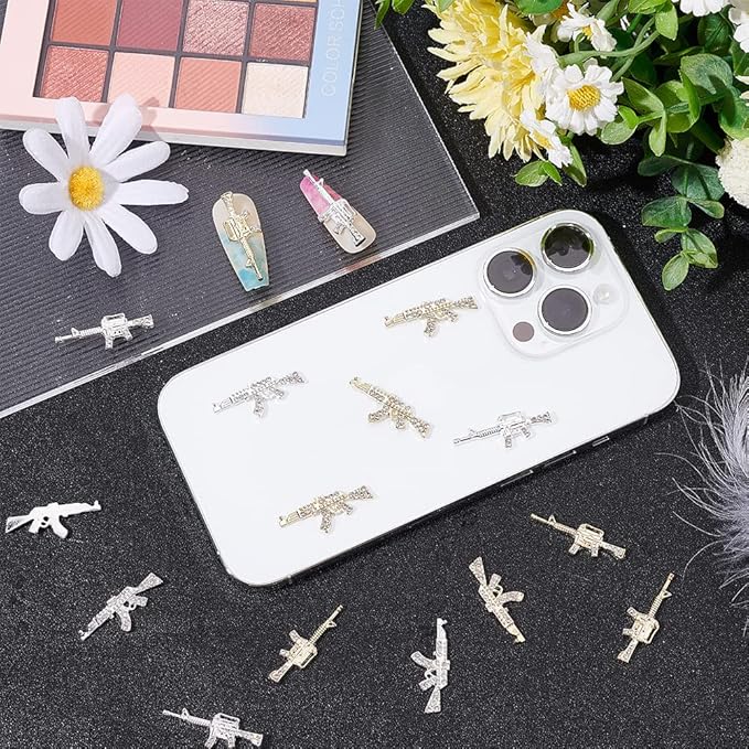 CRASPIRE Gun Nail Charms 32Pcs 4 Style 3D Weapon Nail Charms with Rhinestones Gun Nail Art Charms Accessories for DIY Nails Art Decoration Jewelry Making