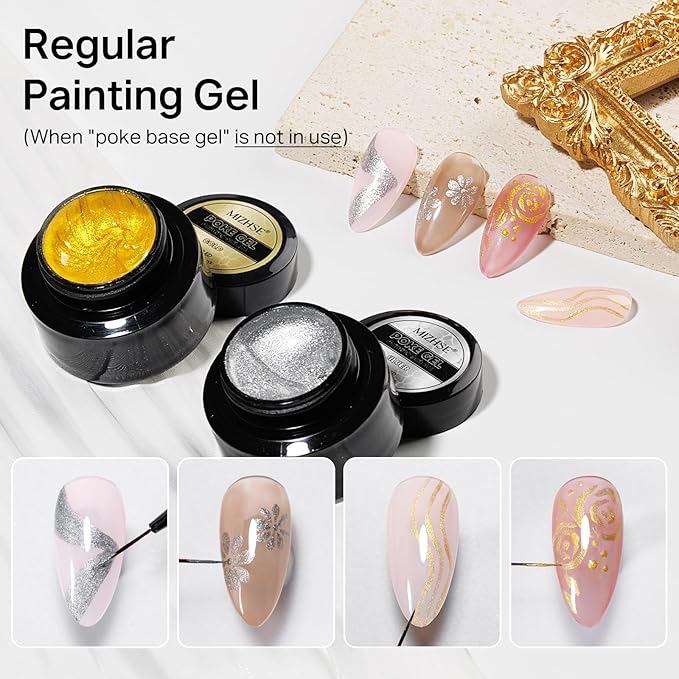 MIZHSE Gold and Silver Poke Gel Nail Polish, with Professional Poke Foundation Gel and Brush Tool, Multifunctional Drawing Painting Nails Art Design Lace Letter Wave Flower Manicure DIY Home