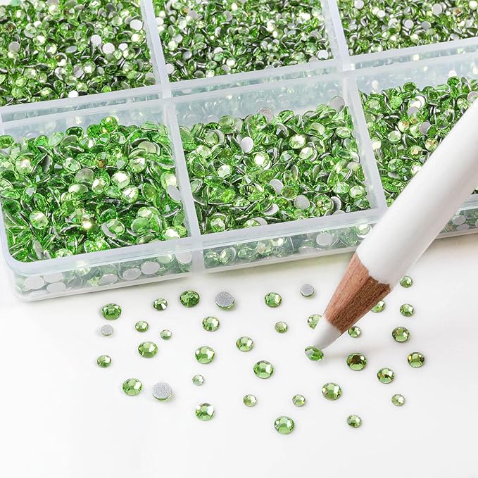 Beadsland 7200pcs Flatback Rhinestones,Light Green Rhinestone Nail Gems Round Crystal Rhinestones for Crafts,Mixed 6 Sizes with Wax Pencil Kit, SS3-SS10,Peridot/Light Green