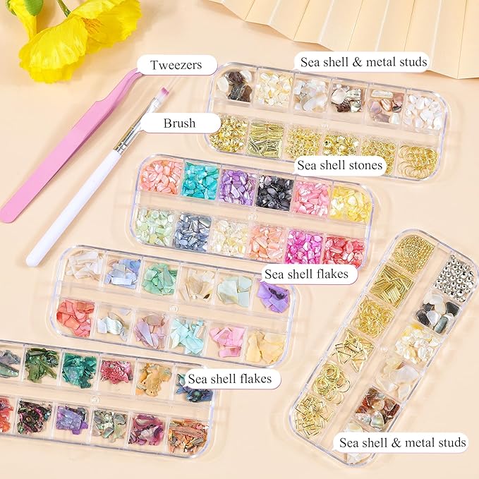 5 Boxes 3D Nail Art Crushed Sea Shell Irregular Iridescent Natural Abalone Seashell Slices Starfish Metal Sea Star Conch Moon Triangle Rivet Gems(sea Shell kit)