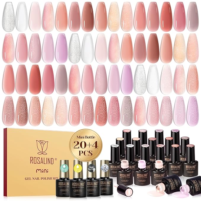 ROSALIND 24pcs Jelly Gel Polish Set with Gel Base and Matte Glossy Glitter Top Coat, 20 Colors Neutral Jelly Pink nude Sheer White Color Soak Off UV Gel Set Salon DIY