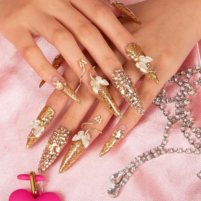 LOVFUL Press on Nails I can Fly French Tip | Handmade with Full Covered Crystals | Reusable Fake Nails | Stiletto Mid Length 1.7 in | H45-S