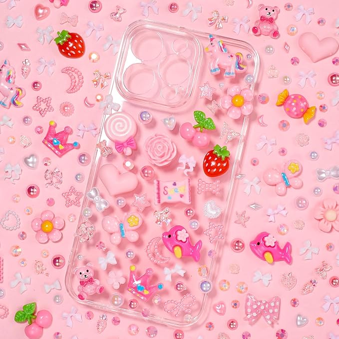 Junk Case Charms Kit, Pink White Pearls Resin Rhinestones Bedazzling Kit, Cute Candy Bear Cartoon Phone Cases Charms, Junk Case with Big Charm for Crafts Nail Art DIY Accessories