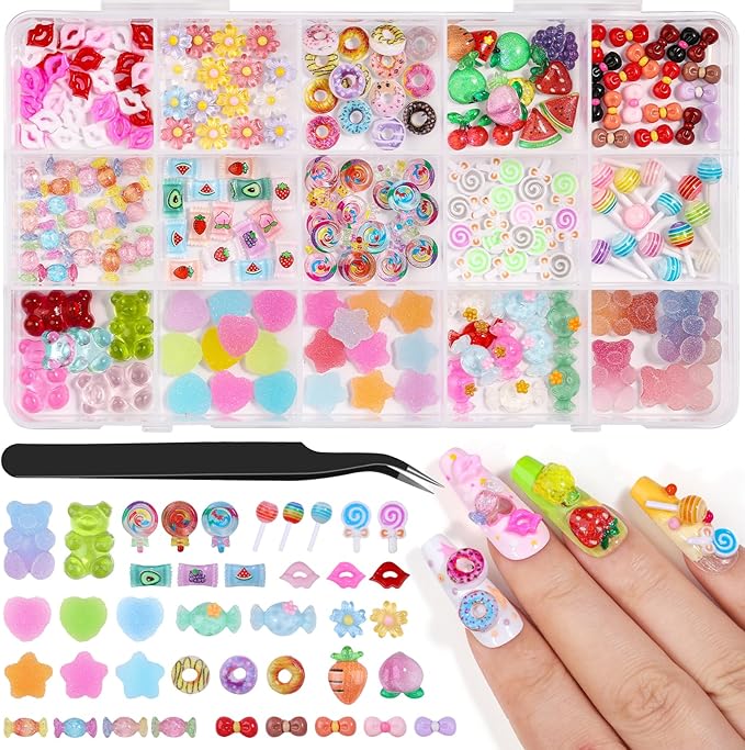 200PCS Kawaii Nail Charms Kit, 3D Lip Candy Gummy Bear Resin Charms for Acrylic Nails, Sweet Nail Art Supplies with Tweezers for DIY Crafts, Slime & Shoe Decor