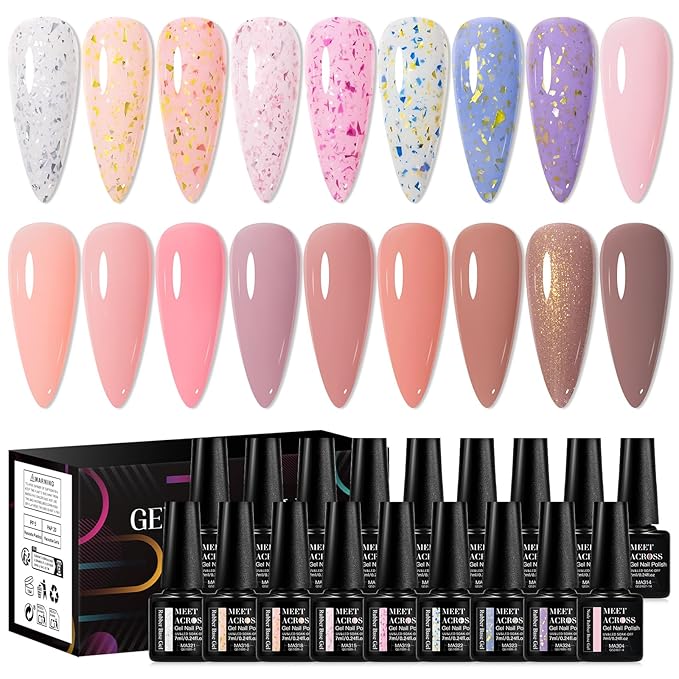 MEET ACROSS 18 Colors Rubber Base Gel Set, Nude Pink Brown Builder Nail Gel, 2-in-1 Builder Base Nail Gel Blue Purple Skin Tones Gold Foil Soak Off Base Gel Nail Strengthener 7ml