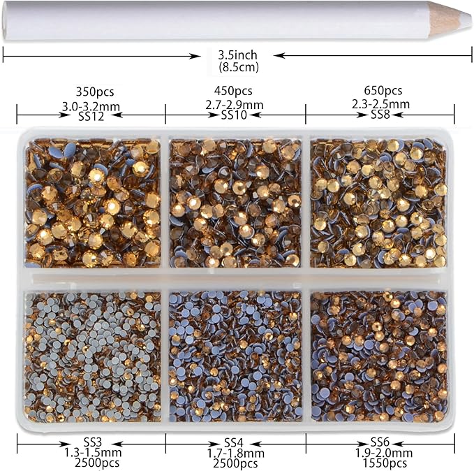 8000pcs Hotfix SS3-SS12, Rhinestones Flatback,Rhinestones for Crafts Clothes Mixed 6 Sizes, Hotfix Crystals with Wax Pencil Kit, Lt. Topaz