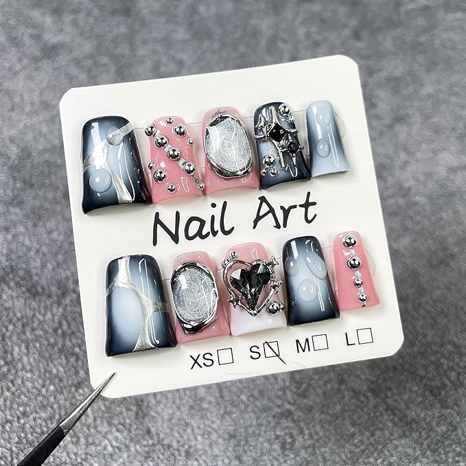 French Tip Press on Nails Handmade Short Duck 3D Flower Thick Acrylic Nails Gothic False Nails with Stars Rhinestones Water Drop Designs Black&White Glossy Fake Nail Sturdy Art Press on Nail 10Pcs(S)