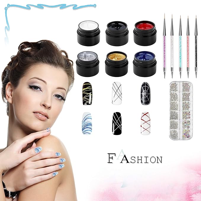 Vtrem 6 Colors 8ML Spider Gel Set with 5 PCs Double Ended Point Drill Drawing Brush Pen Nail Rhinestones Matrix Gel with Gel Paint Design Nail Art Kit Wire Drawing Nail Gel for Line Christmas gifts
