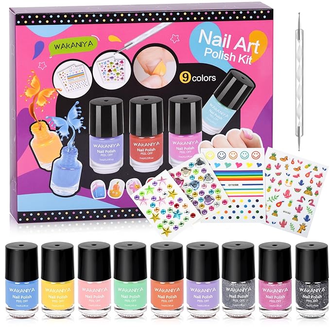 Quick Dry Kids Nail Polish Set for Girls, Non-Toxic Toddler Water-Based Nail Polish Kit with Gems Stickers 9 Colors Peelable Fingernail Set for Ages 3+