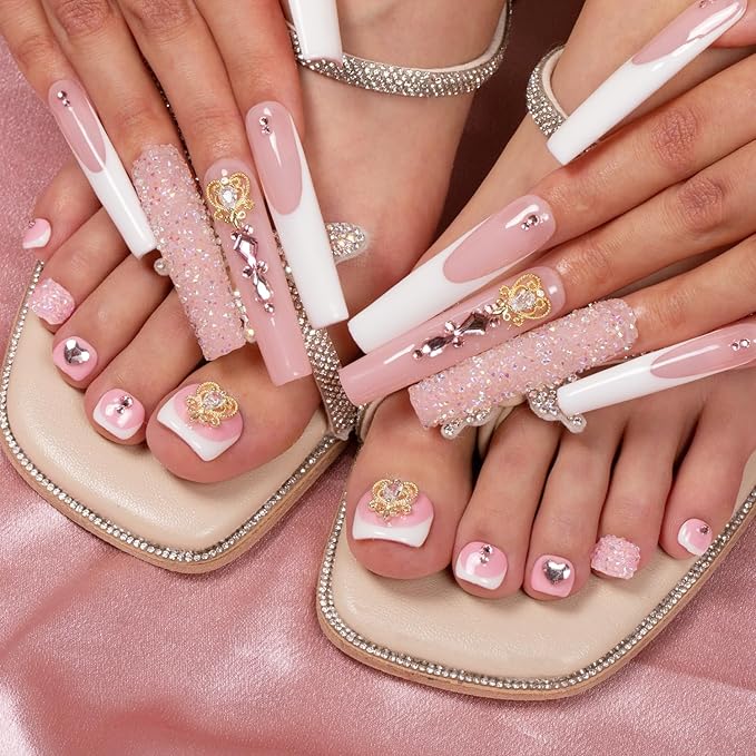 LOVFUL Handmade Acrylic Press on Toenails Sweet Elegance | Salon Quality 20 PCS Free Size Toe Nails | Reusable Fake Nails for Toe | T34