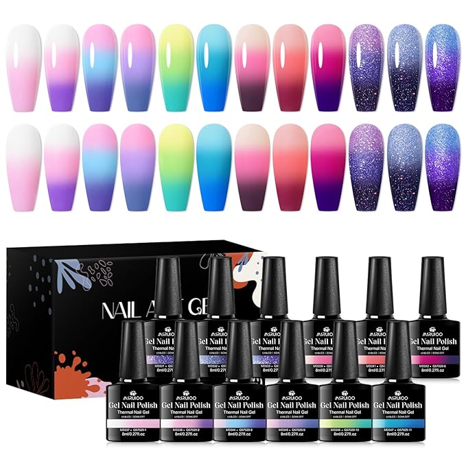 Color Changing Gel Nail Polish Set Temperature Mood Changed Glitter Blue Purple Nail Art Design Gifts for Women Girls 12Pcs*8ml