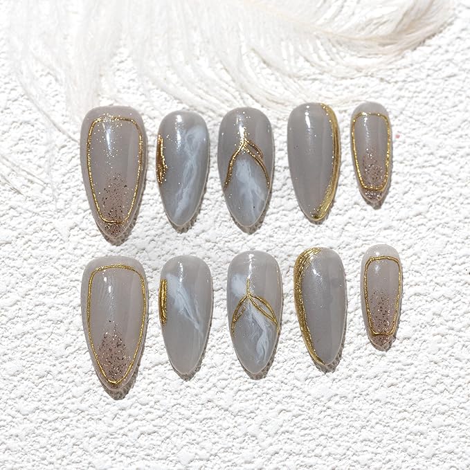 Sun&Beam Nails Handmade Press-on Medium Long Almond Blue Gold Ombre Hand-Painted Gradation Design Fashion False Nail Tips 10 Pcs Set (#230 XS)