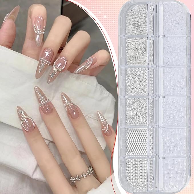 3D Mini Small Caviar Nail Beads Balls, 0.7-2mm Silver Nail Art Beads 1.5-5mm White Nail Pearls Half Round Flatback Pearl Nail Charms with Pickup Tools for Nails Face Eyes Makeup(31-K1-4)