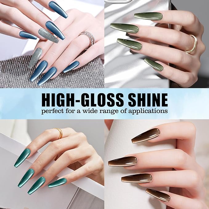 Adhere 6Pcs 12ML Cat Eye Soak Off UV LED Gel Nail Polish, Sparkling White Cat Eyes Reflective Glitter Cat Eye, Sparkling Diamond Magnetic Flash Color with Magnet