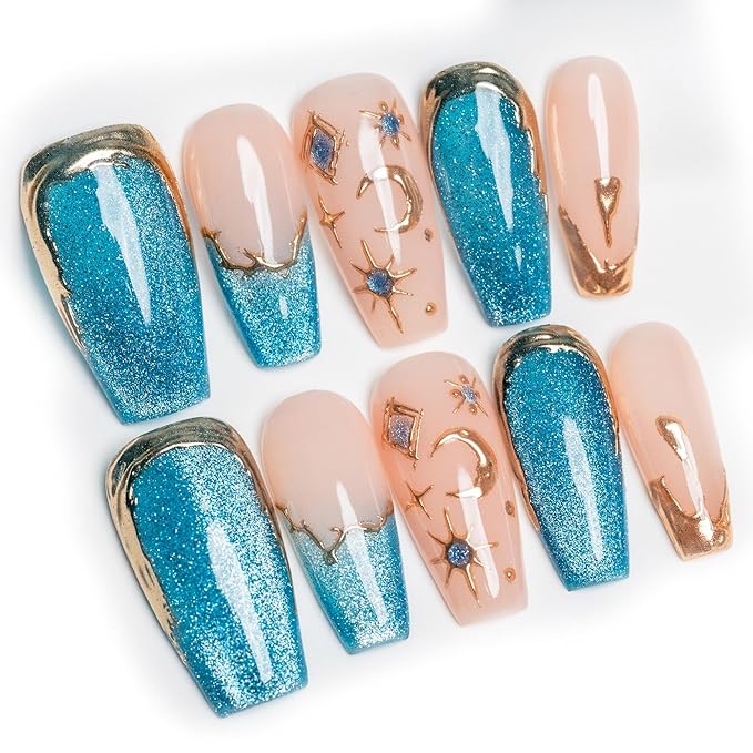 Sun&Beam Nails Handmade Press-On Medium Long Coffin Ballerina with Pink Blue Gold Color 3D Design Charm Cat Eye Cute False Nail Tips 10 Pcs (#082 L)