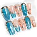 Sun&Beam Nails Handmade Press-On Medium Long Coffin Ballerina with Pink Blue Gold Color 3D Design Charm Cat Eye Cute False Nail Tips 10 Pcs (#082 L)