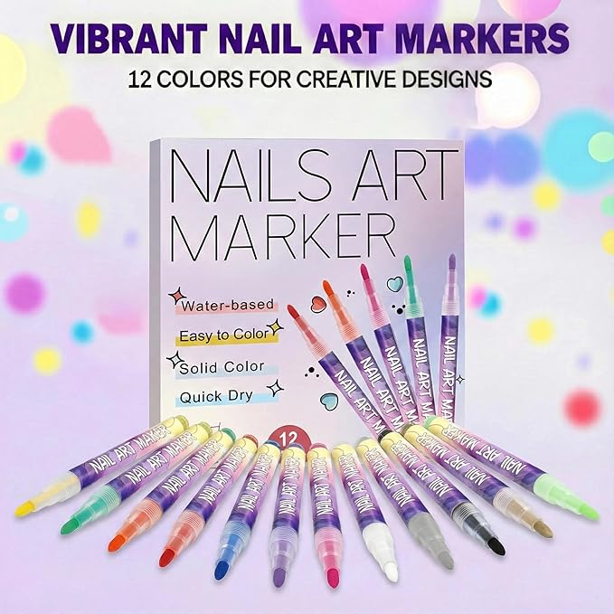 12 Colors Nail Art Pens Set, 0.7MM Quick-dry Nail Art Markers, Multi Purpose Acrylic Paint Pens Kit for Drawing & Home Salon Nail DIY