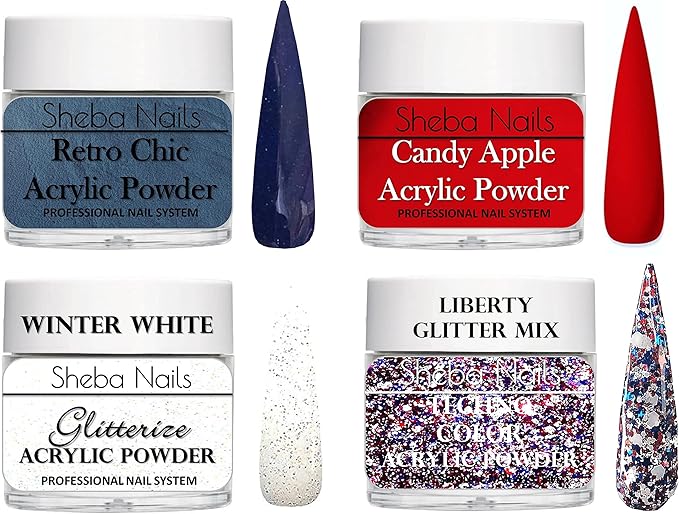 SHEBA NAILS Glitter Dip Powder Patriotic Nail Art Variety Kit- 1/4 oz Jar Each Candy Apple Red, Navy, Glitterize Winter White, & Liberty Custom Glitter Mix